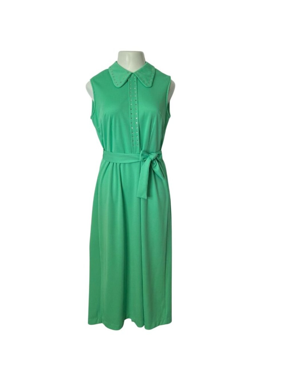 Vintage Womens Green Sleeveless Maxi Dress W/ Studded Collar & Belt - Picture 3 of 16